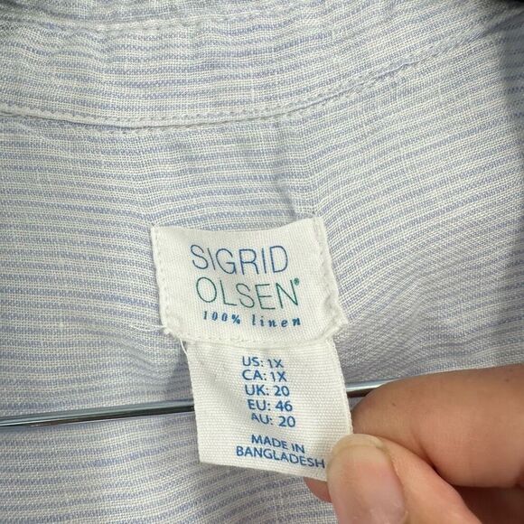 Sigrid‎ Olson 100% Linen Striped Boyfriend Button Down Shirt Blue & White 1X - Picture 3 of 9
